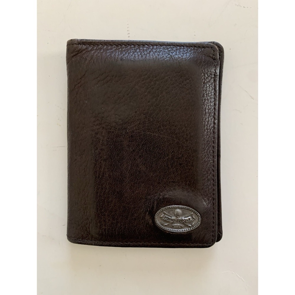 Fossil Golf  Theme Bifold Wallet Men's Brown Leather Flip ID Window Golf Clubs
